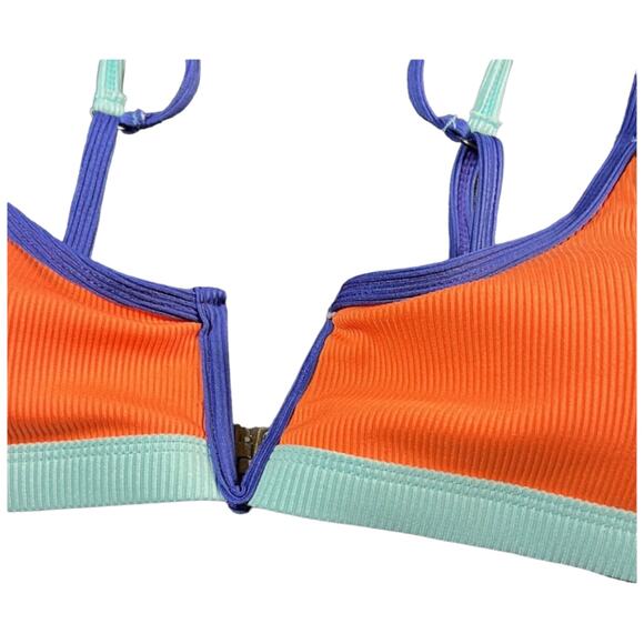 Color Block Bikini Top Orange Blue Retro V-Cut Athletic Swim Medium Ribbed - Picture 11 of 16